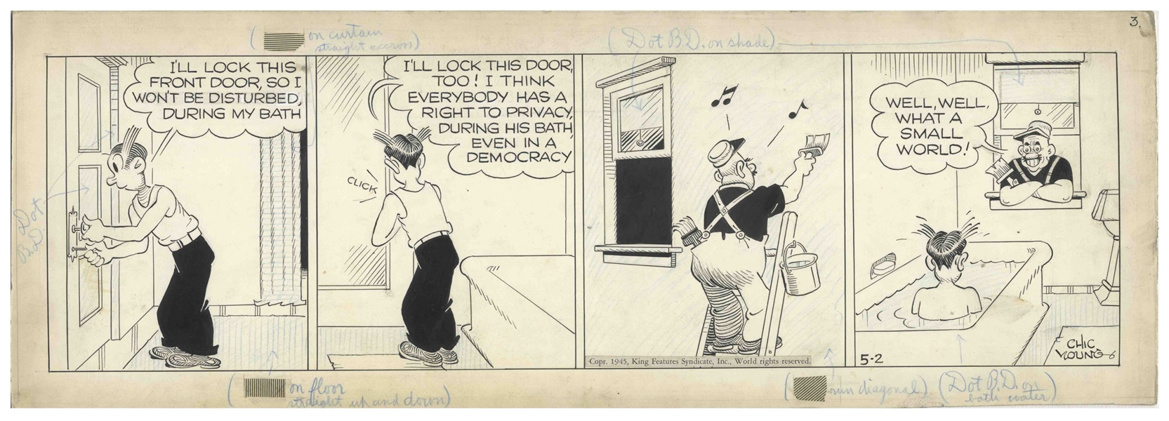 Chic Young Hand-Drawn ''Blondie'' Comic Strip From 1945 Titled ''You Can't Win!'' -- Dagwood Can't Even Get a Little Privacy During His Bath